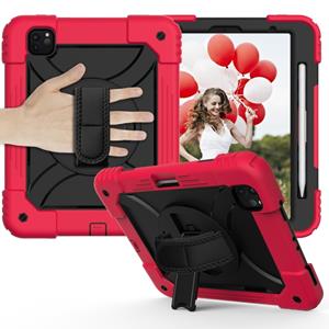 huismerk Voor iPad Pro 11 (2020) Shockproof PC + Siliconen Combinatiecase met Holder & HandBand & Schouderband (Rood+Zwart)