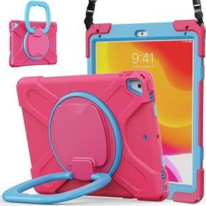 huismerk Voor iPad 9.7 inch (2018/2017) Siliconen + PC-beschermhoes met houder en schouderriem (Rose Red + Blue)