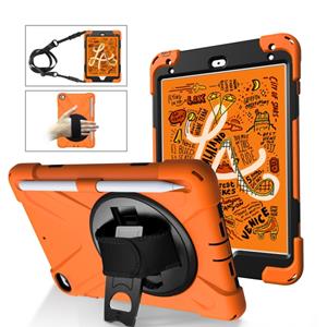 huismerk Voor iPad Mini 5 360 graden Rotatie Siliconen beschermhoes met houder & handband & long strap & pencil slot(Oranje)