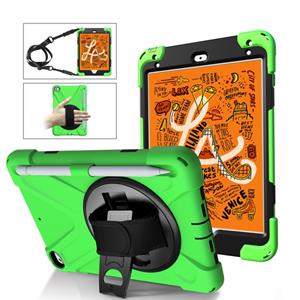 huismerk Voor iPad Mini 5 360 Graden Rotatie Siliconen beschermhoes met houder & handriem & longstrap & pencil slot(Grenn)