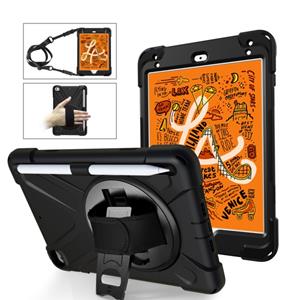 huismerk Voor iPad Mini 5 360 graden Rotatie Siliconen beschermhoes met houder & handriem & longstrap & pencil slot(zwart)