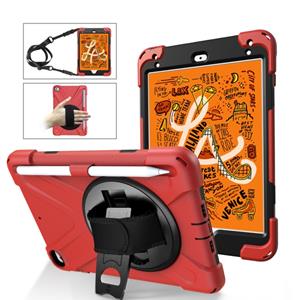 huismerk Voor iPad Mini 5 360 graden Rotatie Siliconen beschermhoes met houder & handriem & longstrap & pencil slot(rood)