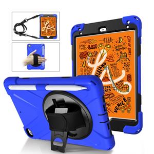 huismerk Voor iPad Mini 5 360 graden Rotatie Siliconen beschermhoes met houder & handriem & longstrap & pencil slot(blauw)