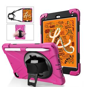 huismerk Voor iPad Mini 5 360 graden Rotatie Siliconen beschermhoes met houder & handriem & long strap & pencil slot(Rose Red)