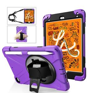 huismerk Voor iPad Mini 5 360 graden Rotatie Siliconen beschermhoes met houder & handriem & longstrap & pencil slot(paars)