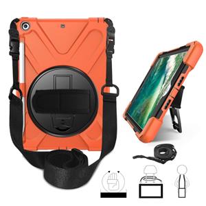 huismerk Voor iPad 9.7 (2018) & (2017) 360 graden Rotatie Siliconen beschermhoes met houder & handband & longstrap & pencil slot(oranje)