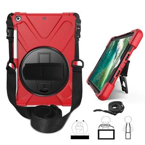 huismerk Voor iPad 9.7 (2018) & (2017) 360 graden Rotatie Siliconen beschermhoes met houder & handriem & longstrap & pencil slot(rood)