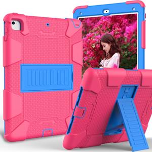 huismerk Schokbestendige tweekleurige siliconen beschermhuls voor iPad 9.7 (2018) & 9.7 (2017) & Air 2 met houder (Rose rood + blauw)