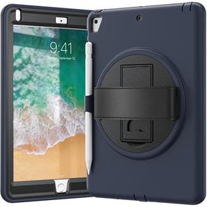 huismerk 360 graden rotatie PC + TPU beschermende hoes met houder & handriem en pensleuf voor Apple iPad 9.7 (2018) (marineblauw)