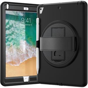 huismerk 360 graden rotatie PC + TPU beschermende hoes met houder & handriem en pensleuf voor Apple iPad 9.7 (2018)(zwart)