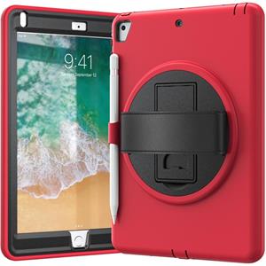 huismerk 360 graden rotatie PC + TPU beschermende hoes met houder & handriem en pensleuf voor Apple iPad 9.7 (2018)(rood)