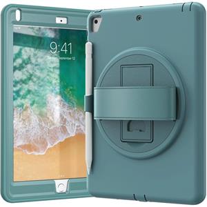 huismerk 360 graden rotatie PC + TPU beschermende cover met houder & handriem & pensleuf voor Apple iPad 9.7 (2018) (Emerald Blue)