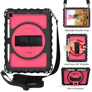 huismerk Voor iPad 9.7 (2018) & (2017) 360 Graden Rotatie PC + Siliconen Schokbestendige Combinatiecase met Holder & Hand Grip Strap & Neck Strap (Black+Hot Pi