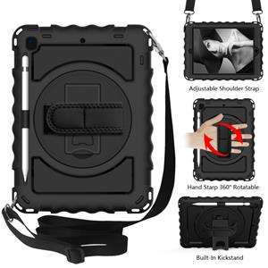 huismerk Voor iPad 9.7 (2018) & (2017) 360 Graden Rotatie PC + Siliconen Schokbestendige Combinatiecase met Holder & Hand Grip Strap & Neck Strap(Zwart)