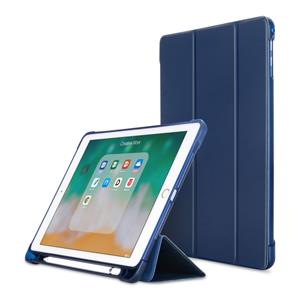 huismerk Litchi textuur Flip lederen case voor iPad 9.7 (2017)/9.7 (2018)/Air2/Air met drie-opklapbare houder & Pensleuven (donkerblauw)