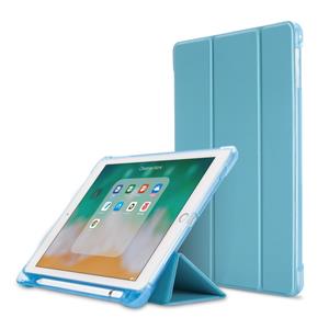 huismerk Litchi textuur Flip lederen case voor iPad 9.7 (2017)/9.7 (2018)/Air2/Air met drie-opklapbare houder & Pensleuven (blauw)