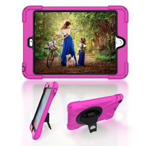 huismerk Voor iPad Mini 3 & 2 & 1 Schokbestendige Kleurrijke Siliconen + PC Beschermhoes met Holder & Hand Grip Strap(Rose Red)