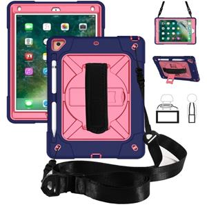 huismerk Voor iPad 9.7 Contrast Color Silicone + PC Combination Case with Holder (Navy Blue + Rose Red)