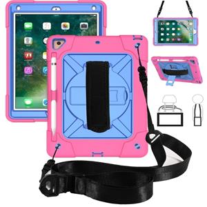 huismerk Voor iPad 9.7 Contrast Color Silicone + PC Combination Case with Holder (Rose Red + Blue)