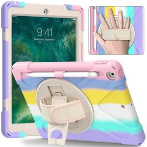 huismerk Schokbestendige kleurrijke siliconen + pc beschermende behuizing met houder & schouderriem & handriem & pen voor iPad 9.7 (2018)(roze)