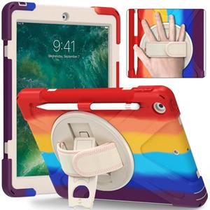 huismerk Schokbestendige kleurrijke siliconen + pc beschermende behuizing met houder & schouderriem & handriem & pen voor iPad 9.7 (2018)(rood)