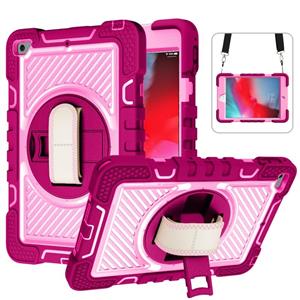 huismerk 360 Degree Rotation Contrast Color Shockproof Silicone + PC Case with Holder & Hand Grip Strap & Shoulder Strap For iPad mini / 4(Rose Red+Pink)