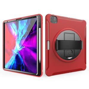 huismerk Voor iPad Pro 12 9 inch (2020) 360 graden rotatie PC+TPU beschermhoes met houder & handbandje (rood)