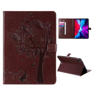 huismerk Voor iPad Pro 11 (2020) Pressed Printing Cat and Tree Pattern Horizontal Flip Leather Case with Holder & Card Slots & Wallet(Coffee)