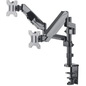 "Manhattan TV & Monitor Mount, Desk, Full Motion (Gas Spring), 2 screens, Screen Sizes: 10-27", Black, Clamp or Grommet Assembly, Dual Screen, VESA 75x75 to 100x100mm, Max 8kg (each), Lifetime