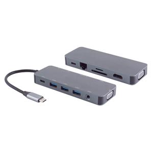 S-Conn USB-C 3.2 Gen 1 Multiport Adapter - USB-A - HDMI, VGA - USB-C PD - SD - RJ45 - 0,16 meter - Grijs