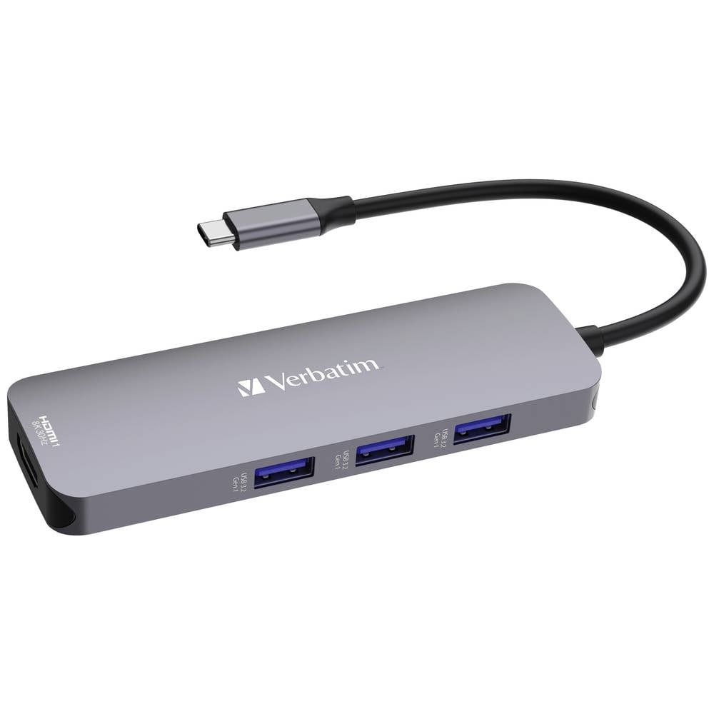 Verbatim CMH-08 USB-C (USB 3.2 Gen 1) multiport hub 8 poorten Met ingebouwde SD-kaartlezer, Met snellaadpoort, Met USB-C stekker, Ultra HD-geschikt Grijs