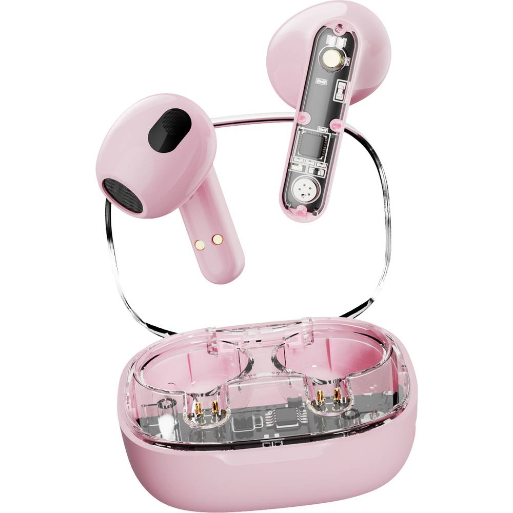 STREETZ T150 In Ear Headset Bluetooth Stereo Pink, Transparent Headset, Ladecase, Lautstärkeregel