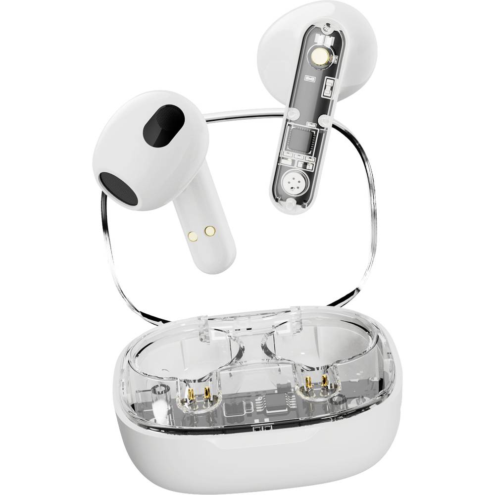 STREETZ T150 In Ear Headset Bluetooth Stereo Weiß, Transparent Headset, Ladecase, Lautstärkerege