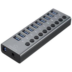 Renkforce RF-6027504 USB 3.2 Gen 2-hub 10 poorten Individueel schakelbaar, Met aluminium behuizing Zilver-zwart