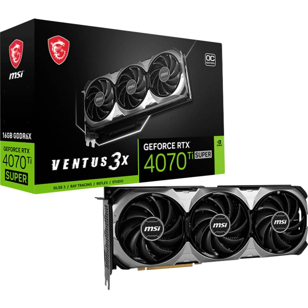 MSI Nvidia GeForce RTX 4070 Ti Super Videokaart VENTUS 3X OC 16 GB GDDR6X-RAM PCIe x16 DisplayPort, HDMI NVIDIA G-Sync , Overclocked