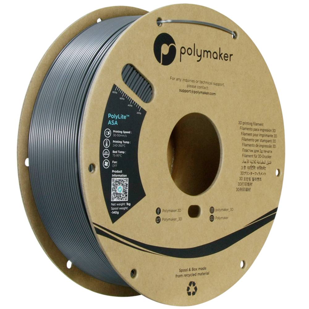 Polymaker PF01037 Dark Grey Filament ASA UV-bestendig, Weerbestendig, Hittebestendig, Slagvast 1.75 mm 1000 g Donkergrijs PolyLite™ 1 stuk(s)