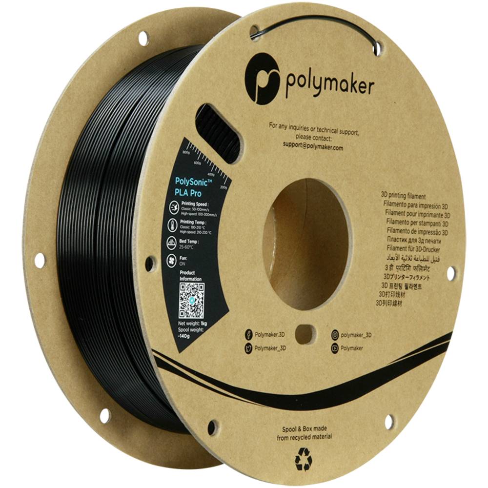 Polymaker PA13002 Filament PLA+ Highspeed filament, Slagvast 1.75 mm 1000 g Zwart PolySonic™ 1 stuk(s)