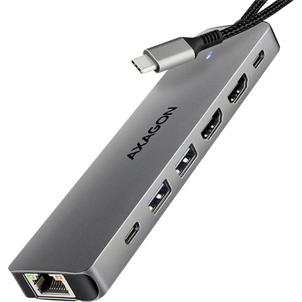 AXAGON HMC-7HX2 USB-Hub, 2x USB-A, 1x USB-C, 2x HDMI 2.0, 1x RJ45, 100 W PD USB-combi-hub