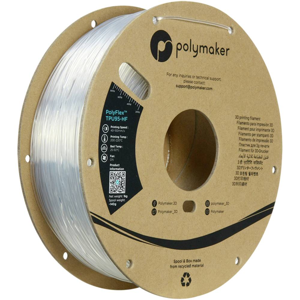 Polymaker PD03003 TPU95-HF Filament TPU, Flexibel filament Flexibel, Highspeed filament, UV-bestendig 1.75 mm 1000 g Helder PolyFlex™ 1 stuk(s)