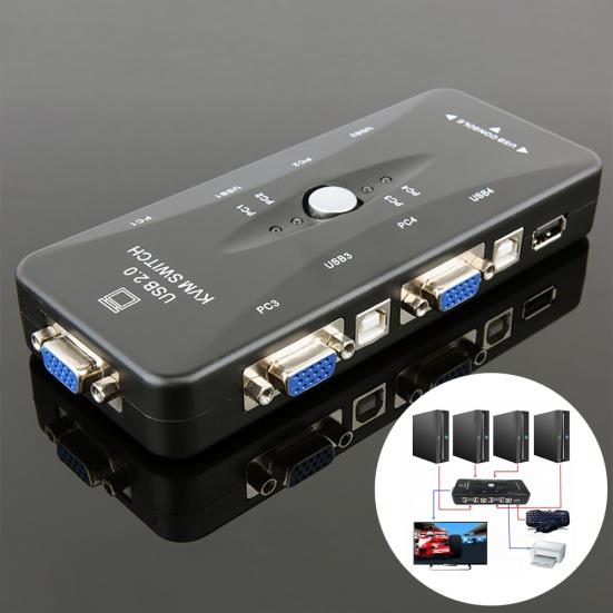 COOLMOON 4-poorts USB 2.0 KVM-switch Muis/toetsenbord/printer/VGA-videomonitor 1920x1440 zwart