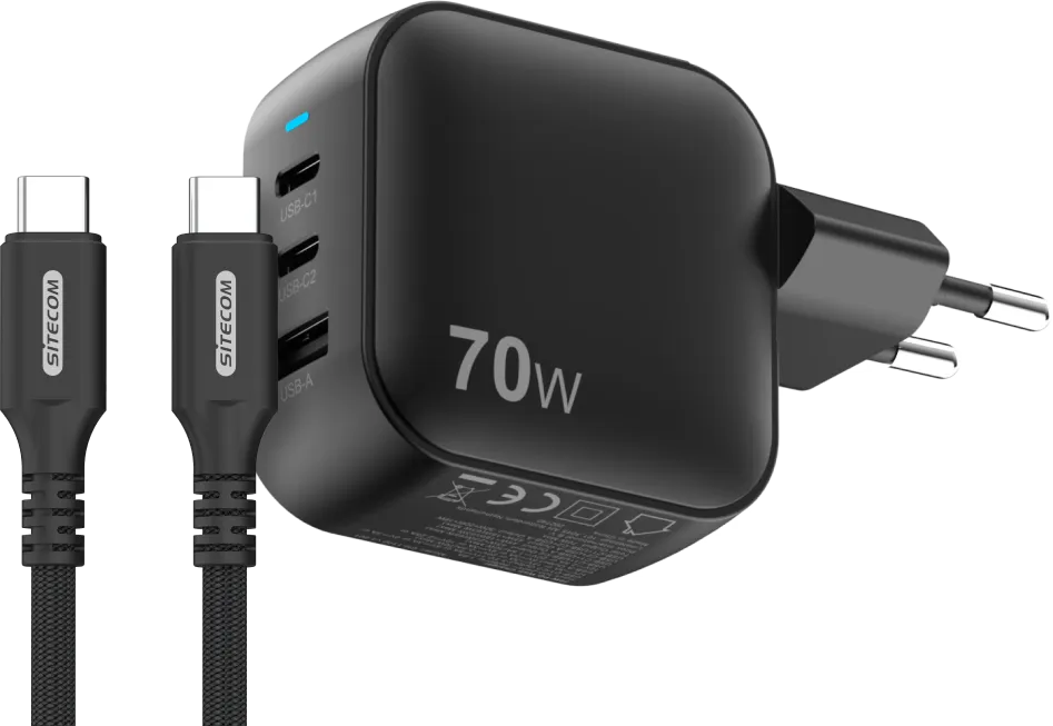 Sitecom 70W GaN Power Delivery Wandoplader +  USB-C naar USB-C Kabel 2m