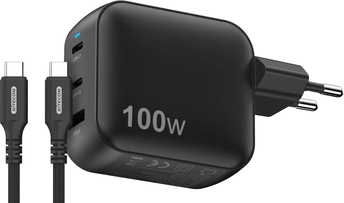 Sitecom 100W GaN Power Delivery Wandoplader +  USB-C naar USB-C Kabel 2m