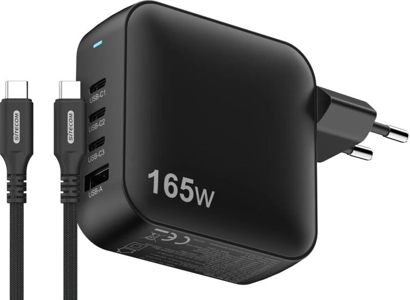 Sitecom 165W GaN Power Delivery Wandoplader +  USB-C naar USB-C Kabel 2m