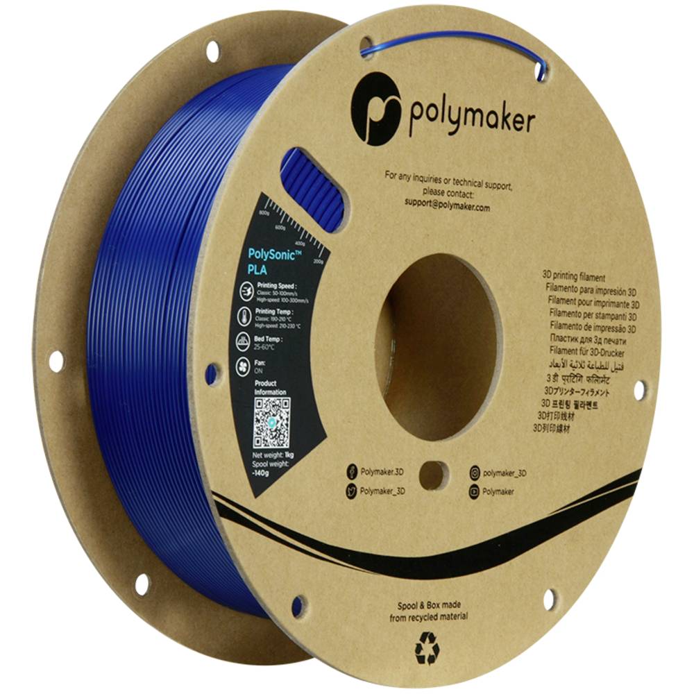 Polymaker PA12004 Filament  PolySonic™ PLA blue High Speed PLA / 1.75 mm / 1kg Filament PLA kunststof Highspeed filament 1.75 mm 1000 g Blauw