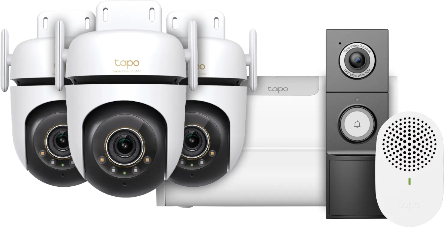 TP-Link Tapo H500 Smart HomeBase + C530WS 3-Pack + D235 Smart Battery & Wired Doorbell