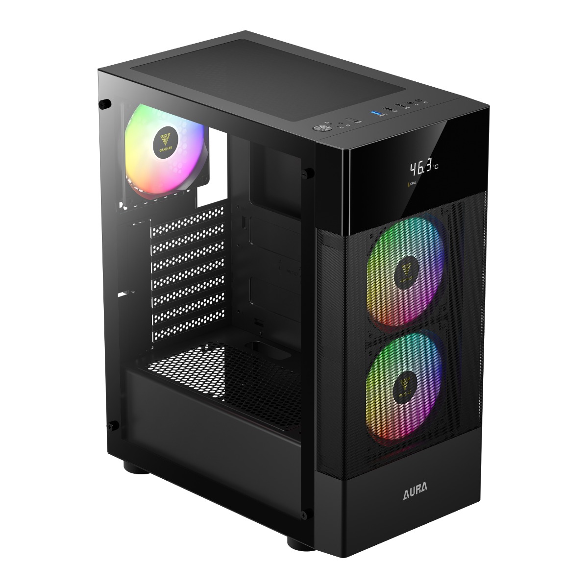 LalaShops Gamdias Aura GC5 Gaming Case - Game PC / Computer Behuizing - Mid Tower met Temperatuur Display en MESH Front Stoffilter - aRGB LED Verlichting