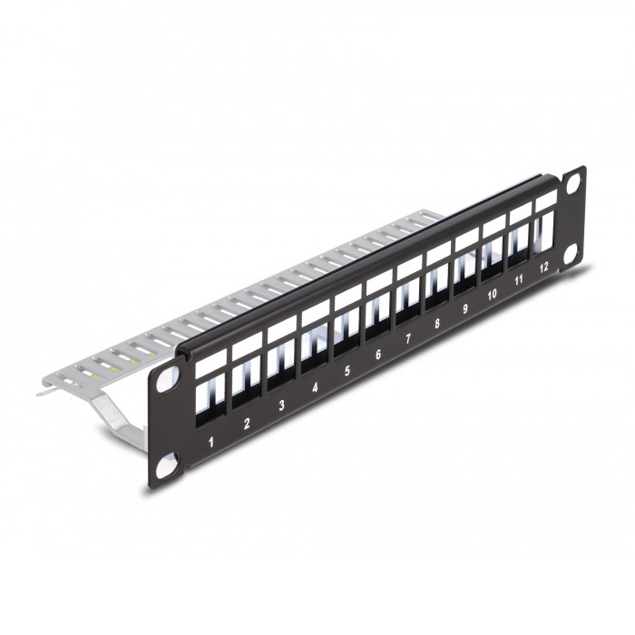 DeLOCK 10 inch patch panel met kabelgeleiding | voor 12 Keystone modules | 1U | zwart