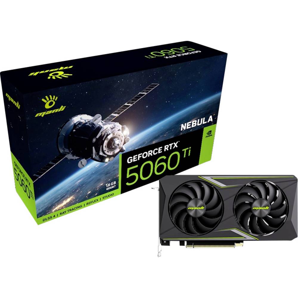 Manli Nvidia GeForce RTX 5060 Ti Videokaart Nebula 16 GB GDDR7-RAM PCIe x8 HDMI, DisplayPort Zero-Fan-Modus , NVIDIA G-Sync , Vulkan