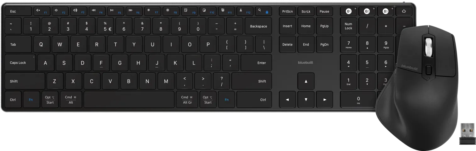 BlueBuilt Draadloos Bluetooth QWERTY Pro Toetsenbord + Ergonomische Bluetooth Muis
