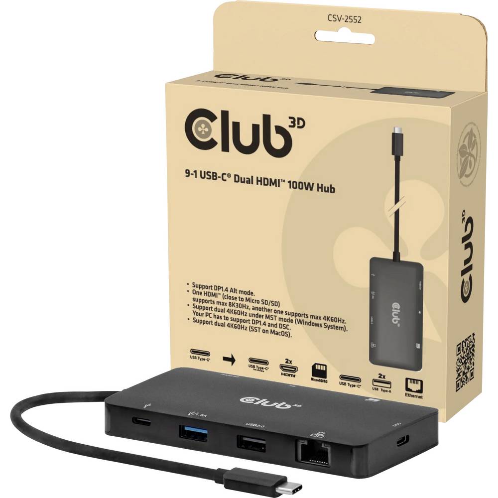 Club3D CSV-2552 USB-C dockingstation Geïntegreerde kaartlezer, USB-C Power Delivery